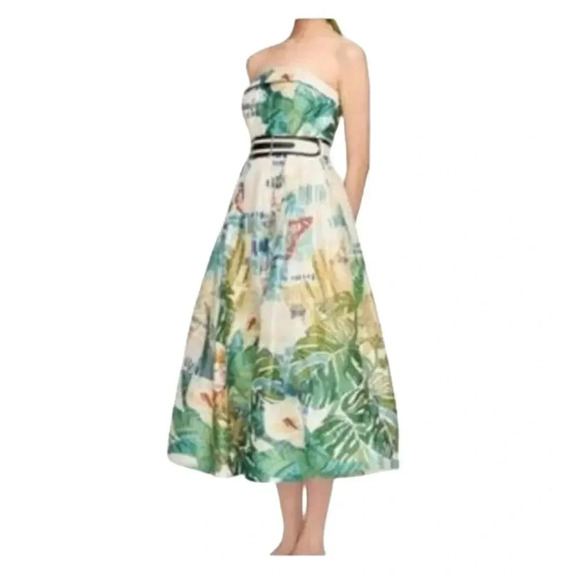 Leo Lin Botanical Print Knee-Length Strapless A-Line Linen Silk Dress US Size 2 - Picture 1 of 10